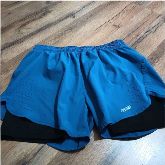 ARSUXEO Blue & Black Running Jogging 2 In 1 Short Pant Active Training Shorts - Picture 4 of 6